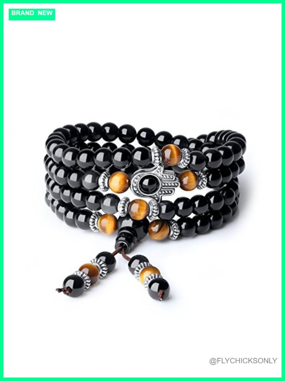 108 Mala Beads Hamsa Hand Wrap Bracelet Beaded Necklace Obsidian